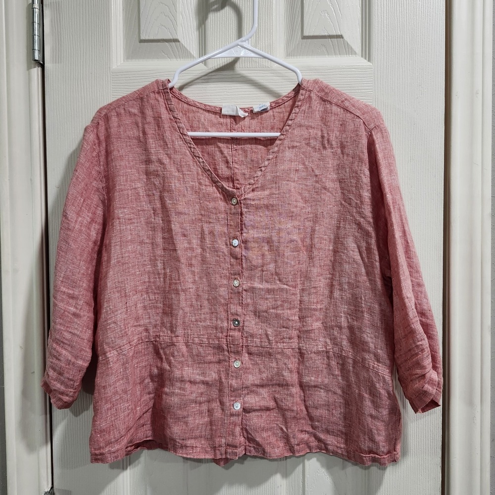 Sigrid Olsen 100% Linen Blouse Womens S Pink Button Front 3/4 Sleeve